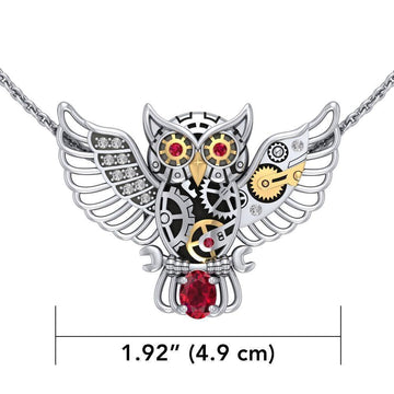 Steampunk Owl Sterling Silver and 14K Gold Accent Pendant with Gemstone MPD5070